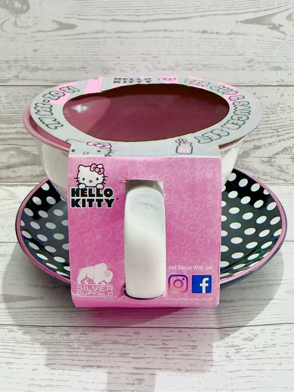 Hello Kitty Pink White and Black Ceramic Tea Cup and Saucer Set Microwave Safe